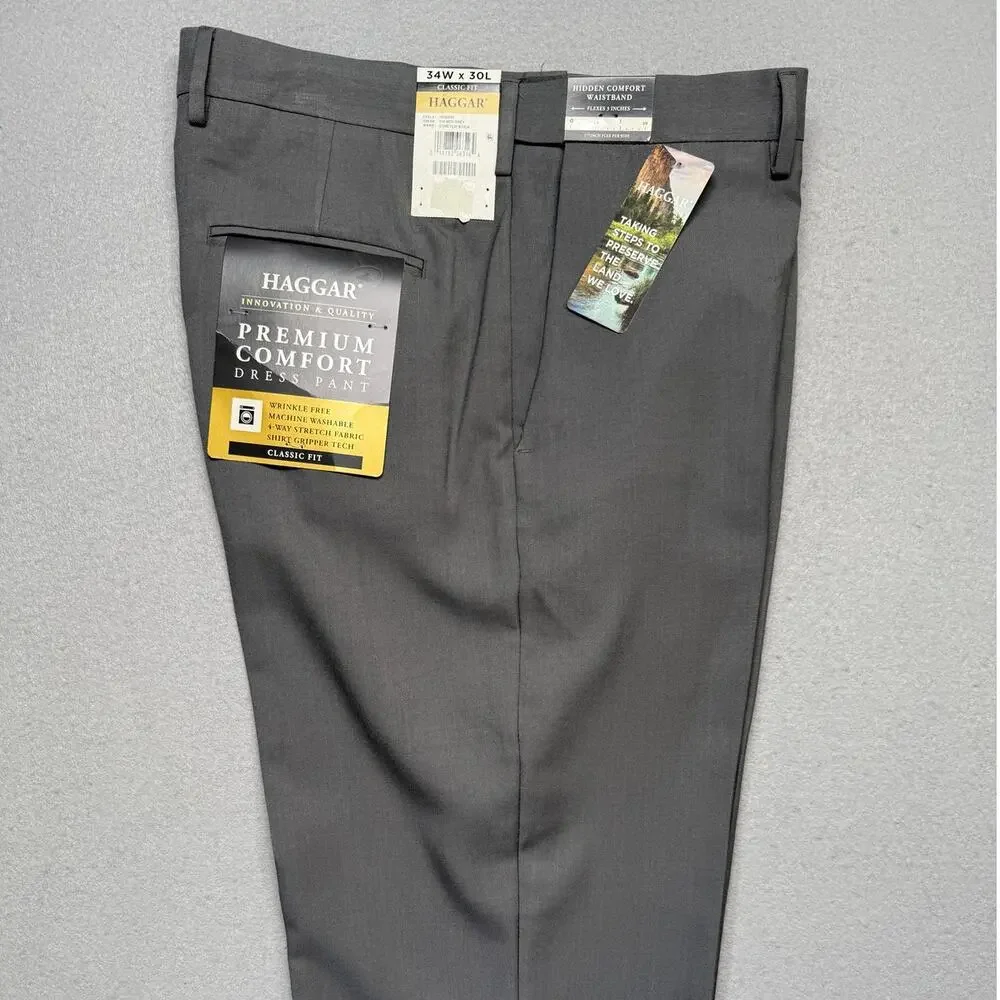 Haggar Men's Comfort Stretch Classic-Fit Flat Front Dress Pants Grey 34x30 $80